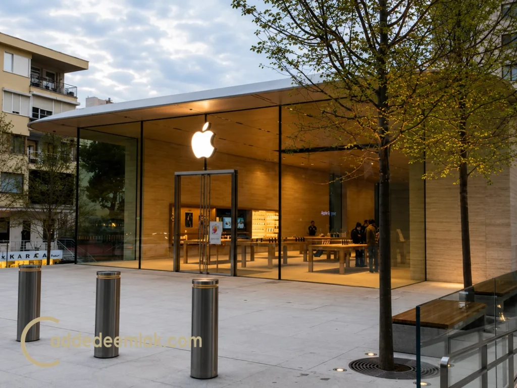 Bağdat Caddesi Suadiye'de modern mimarisiyle öne çıkan Apple Store binası ve geniş kaldırımlar.