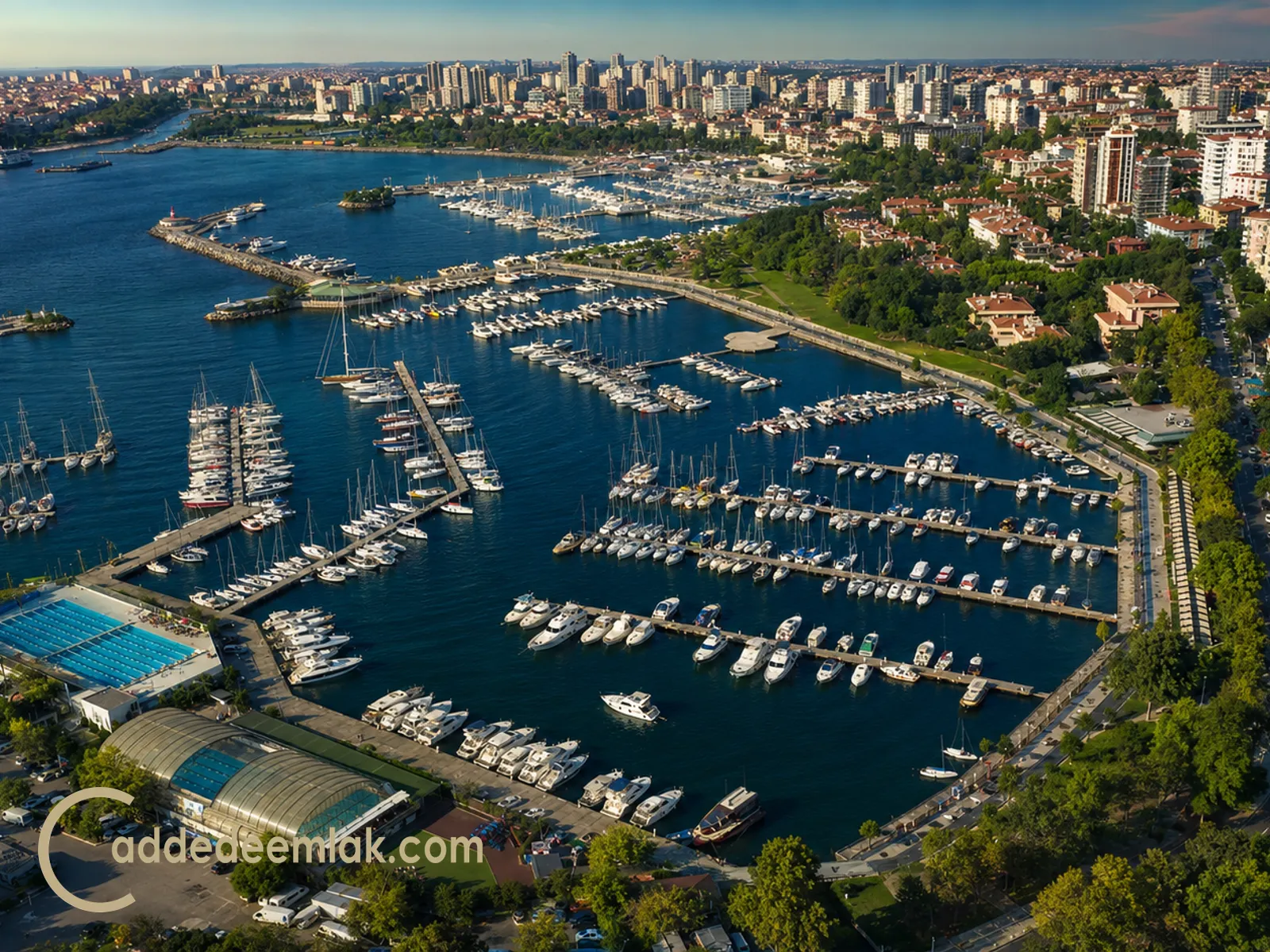 Fenerbahçe Kalamış Marina’nın Geniş Açılı Panoramik Bakışı ve Lüks Yat Limanı Detayı