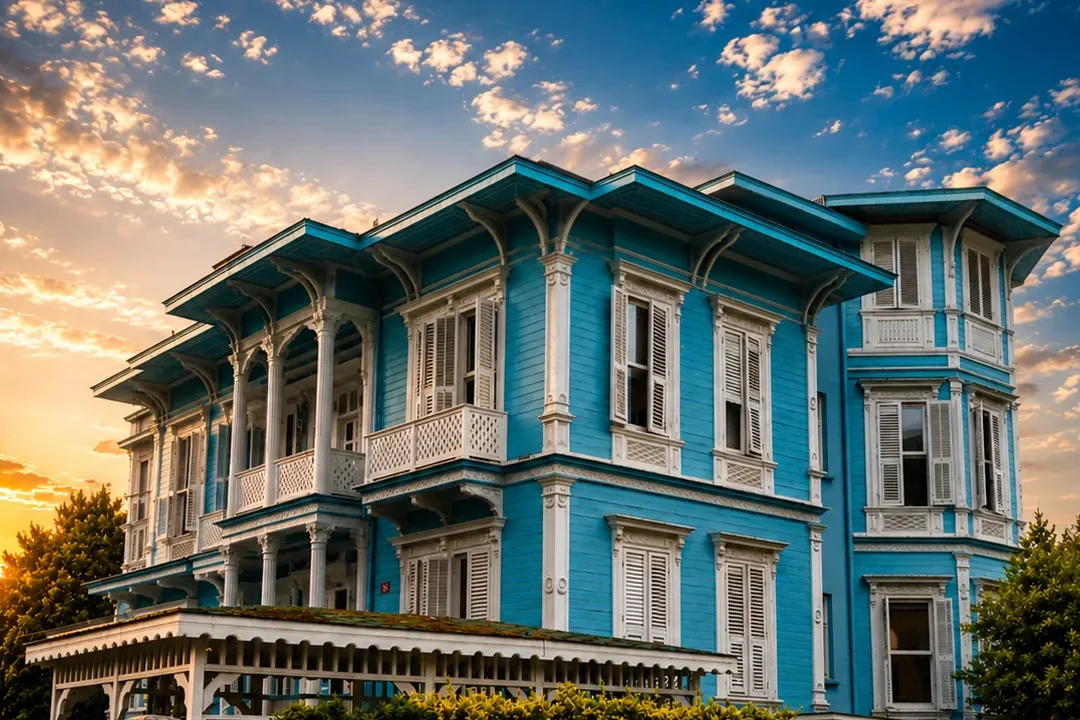 Göztepe Köşk mimarisinin en zarif örneği olan mavi renkli tarihi Zülüflü İsmail Paşa Köşkü'nün ön cephesi ve beyaz ahşap balkonları.