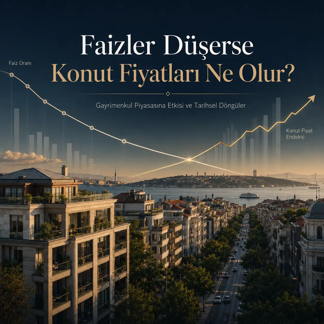 Faizler düşerse konut fiyatları nasıl etkilenir analizi ve tarihsel faiz döngüleri grafiği.