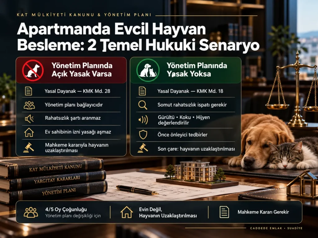 Apartman yönetim planında evcil hayvan yasağı olan ve olmayan durumların hukuki karşılaştırma tablosu.