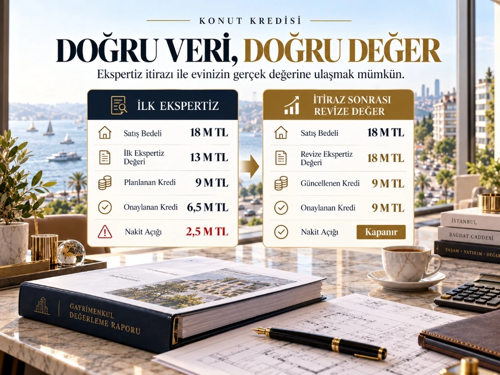Konut kredisi ilk ekspertiz raporu ile itiraz sonrası revize değerleme arasındaki fark ve kredi kurtarma karşılaştırması